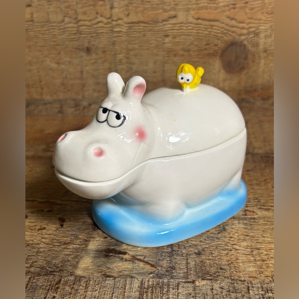 1980’s Vintage Pocelain House Hippo Trinket Box Dish Japan W/bird Enesco